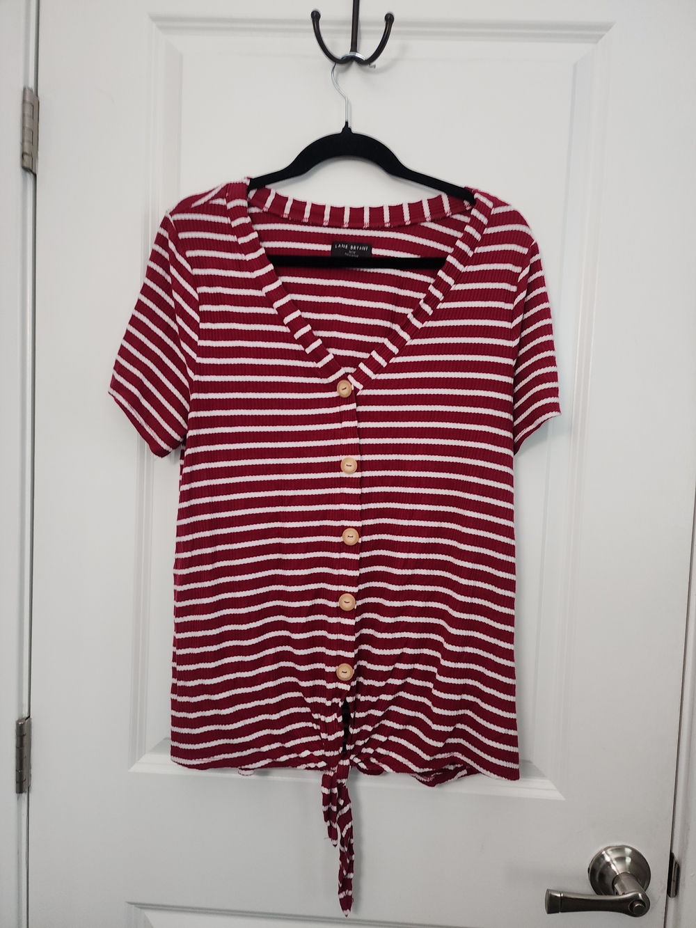 5/$30 Lane Bryant Red and White Striped Button-Front Tie Hem Top
